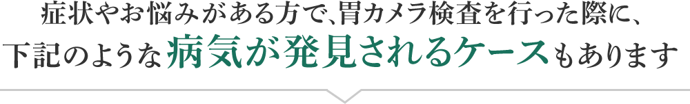 症状やお悩みがある方で、胃カメラ(胃内視鏡検査)検査を行った際に、下記のような病気が発見されるケースもあります。